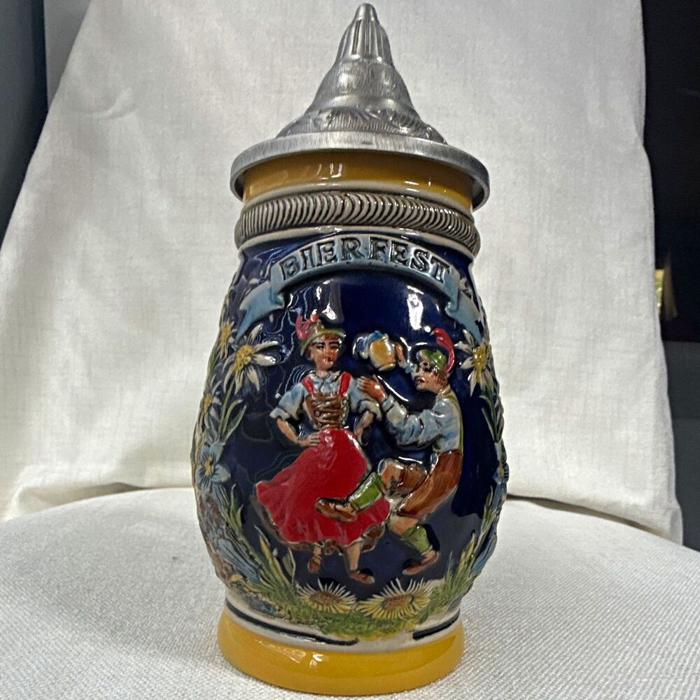 E.H.G German-Style Lidded Beer Stein Relief Scene w/ Hinged Metal Lid